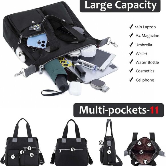 Women Utility Tote Bag Waterproof Nylon Multi Pocket Work Shoulder Bag - Picture 2 of 6